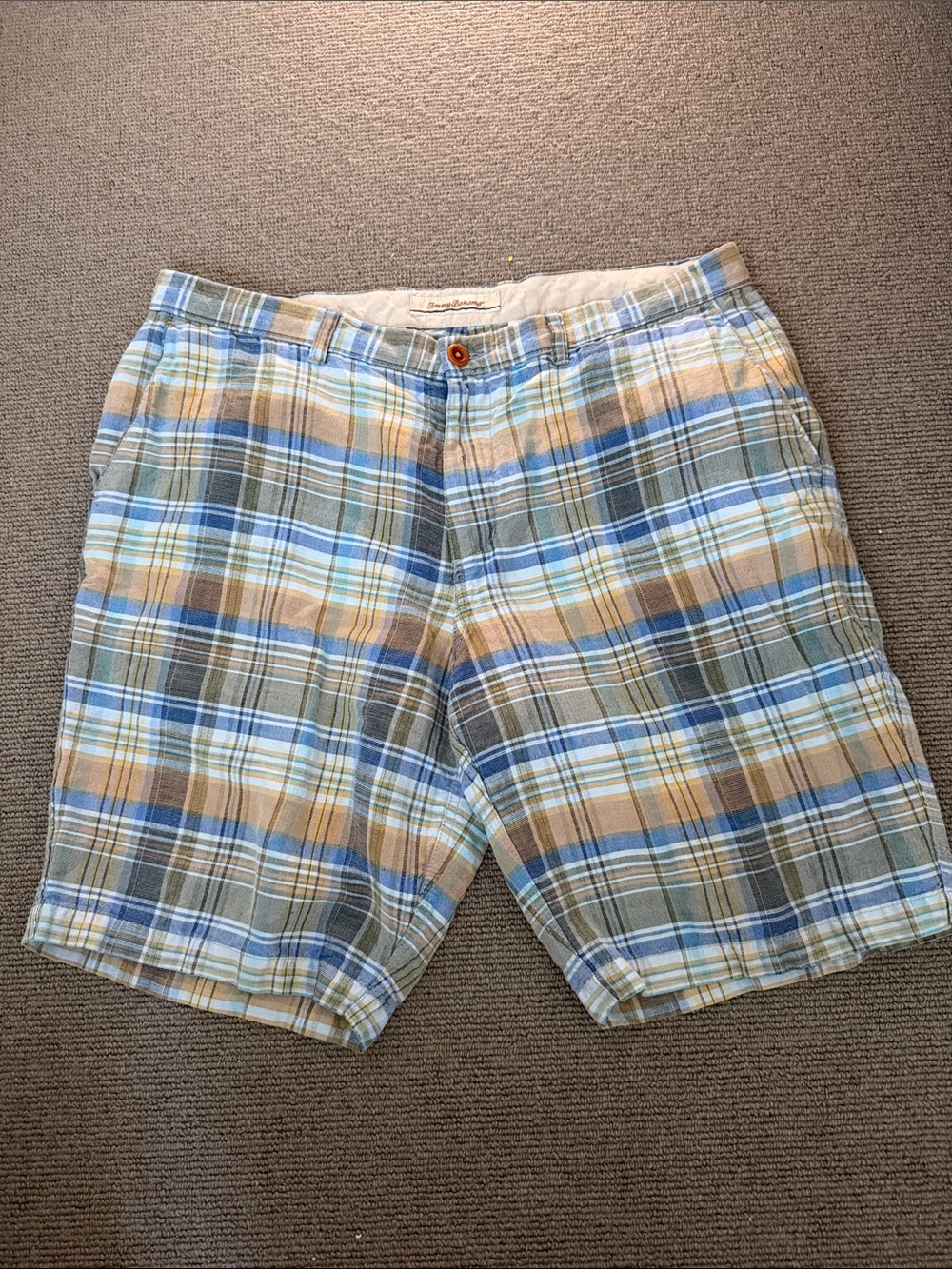Tommy Bahama Men's Plaid Linen Blend Shorts in Blue and Tan Sz 36